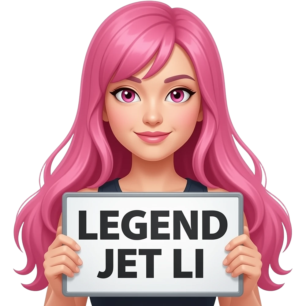sexy girl with long pink hair and pink eyes holding LEGEND JET LI sign emoji
