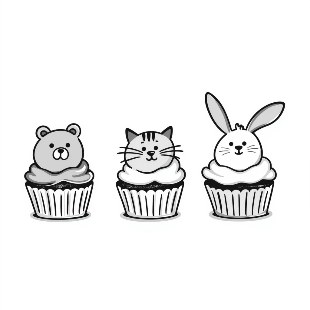 mini cupcakes with animal faces of bear, cat, and rabbit, soft pastel tones, hand drawn doodle style, transparent background emoji