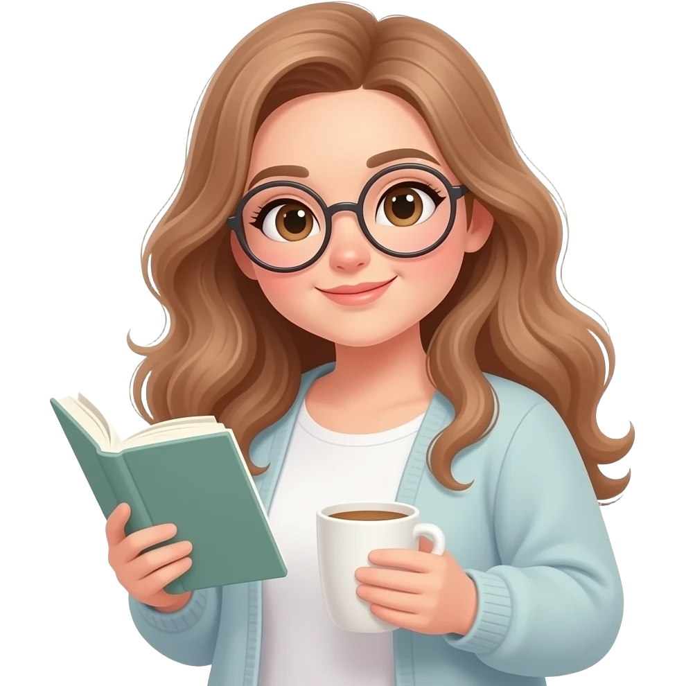 detailed emoji illustration of a curvy woman with long light brown wavy hair, light brown eyes and round glasses holding a book and a hot drink, relaxing reading break, cozy vibe, cute emoji style emoji