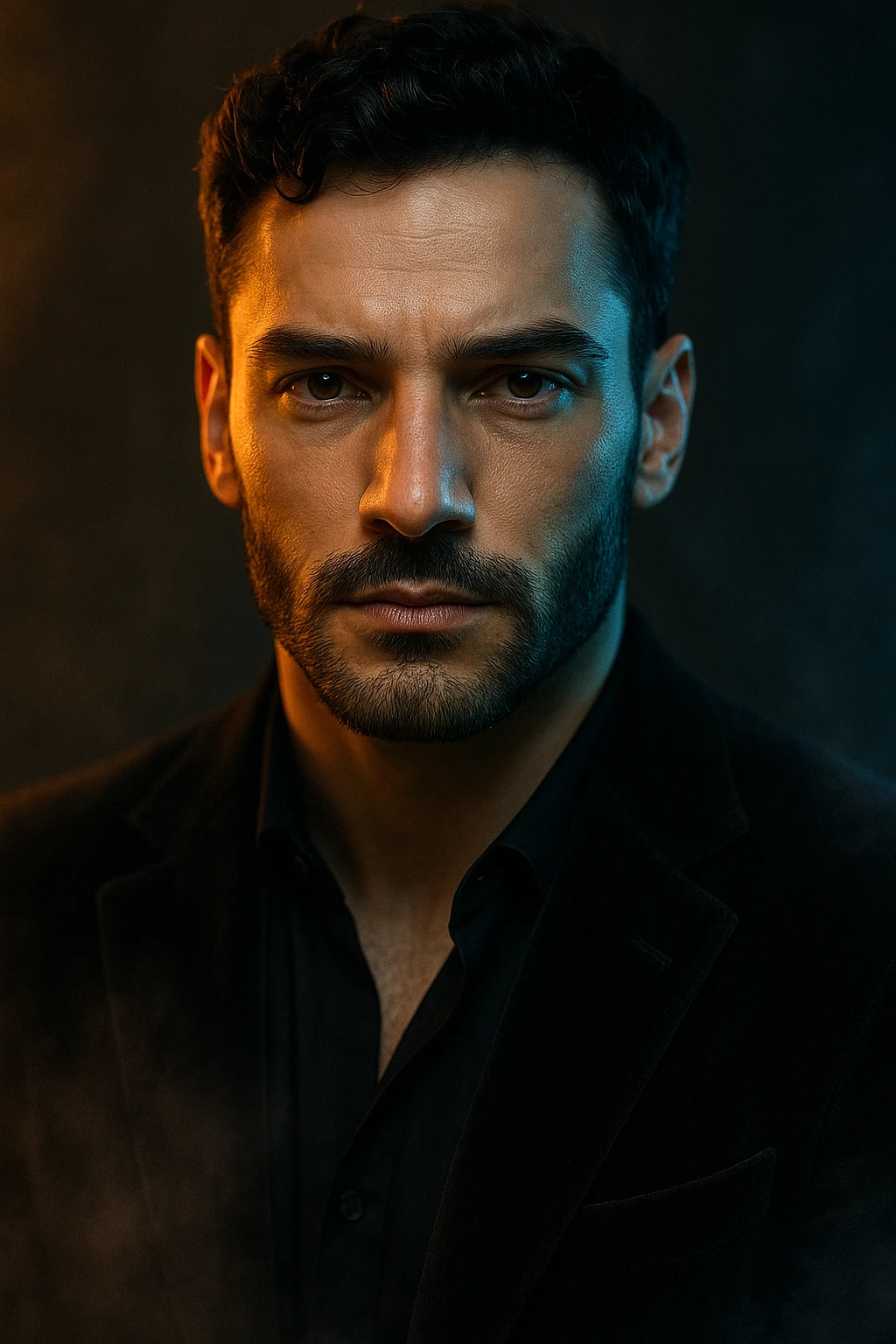Usa questa immagine come riferimento per creare un ritratto iperrealistico e ravvicinato di un carismatico nodello maschile, ambientato in un contesto editoriale suggestivo. I volto è illuminato da fasci di luce ambrata e blU ghiaccio che contrastano tra loro, esaltando la simmetria marcata della mascella, la sottile barba incolta e uno sguardo penetrante e sicuro. I| modello indossa una giacca sartoriale scura in morbido velluto, leggermente sbottonata sul colletto. Lo sfondo sfuma in un profondo gradiente antracite con una delicata foschia cinematografica e sottili bagliori di luce. Un lieve velo di nebbia avvolge la sua silhouette, accentuando un'atmosfera sofisticata e misteriosa. L'effetto complessivo evoca un'eleganza di alta moda con un tocco moderno e malinconico, ideale per una campagna pubblicitaria di lusso o per la copertina di una prestigiosa rivista. emoji