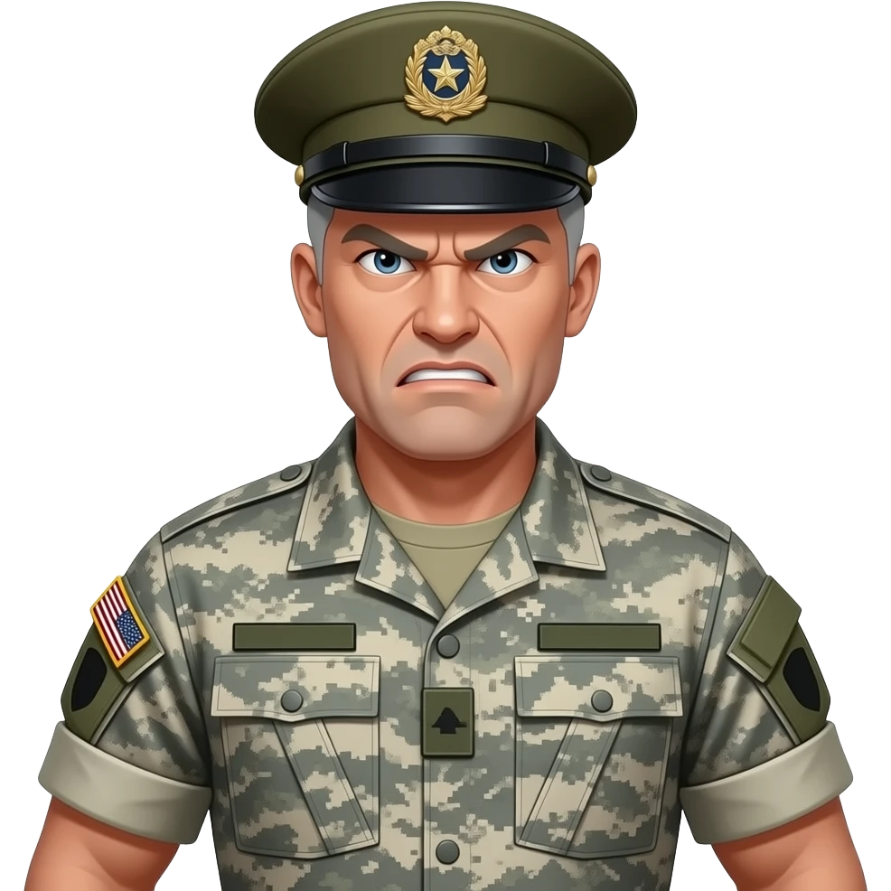 white sergeant character with gray hair. Wearing a classic drill sergeant hat, urban camouflage uniform, army shirt. The character should have an angry intense expression. full torso and arms emoji