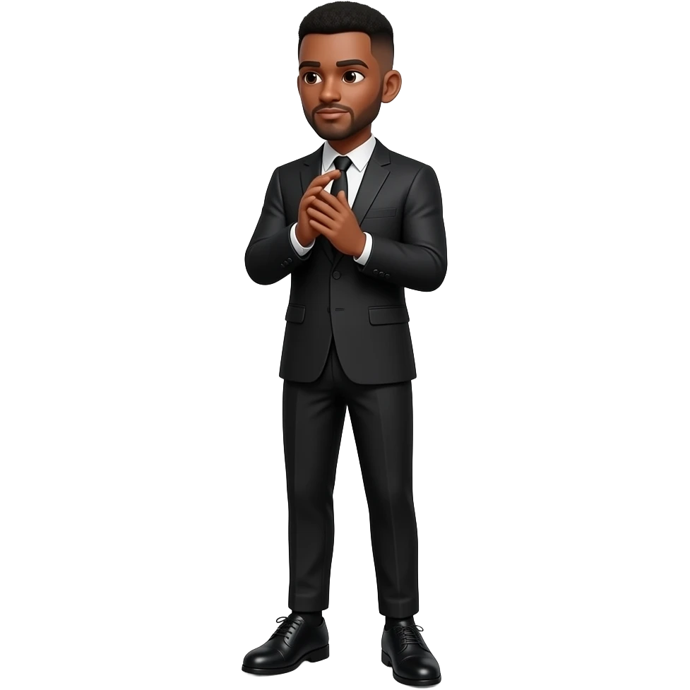 make a 20 year old man black skinned low taper fade in a an all black suit snd black dress shoes with black socks rubbing his hands and looking to the side, my view is from the front emoji