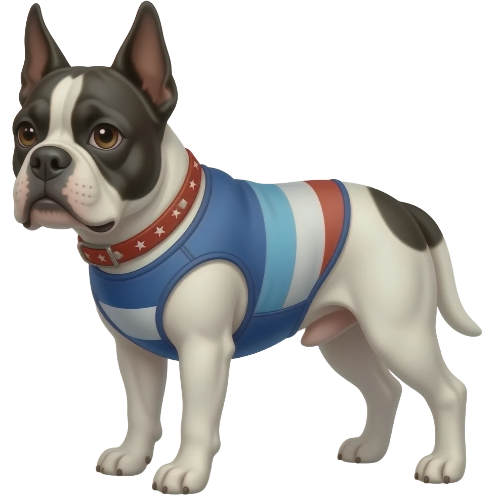 White and black boxer bulldog mix wearing a French Barrett emoji