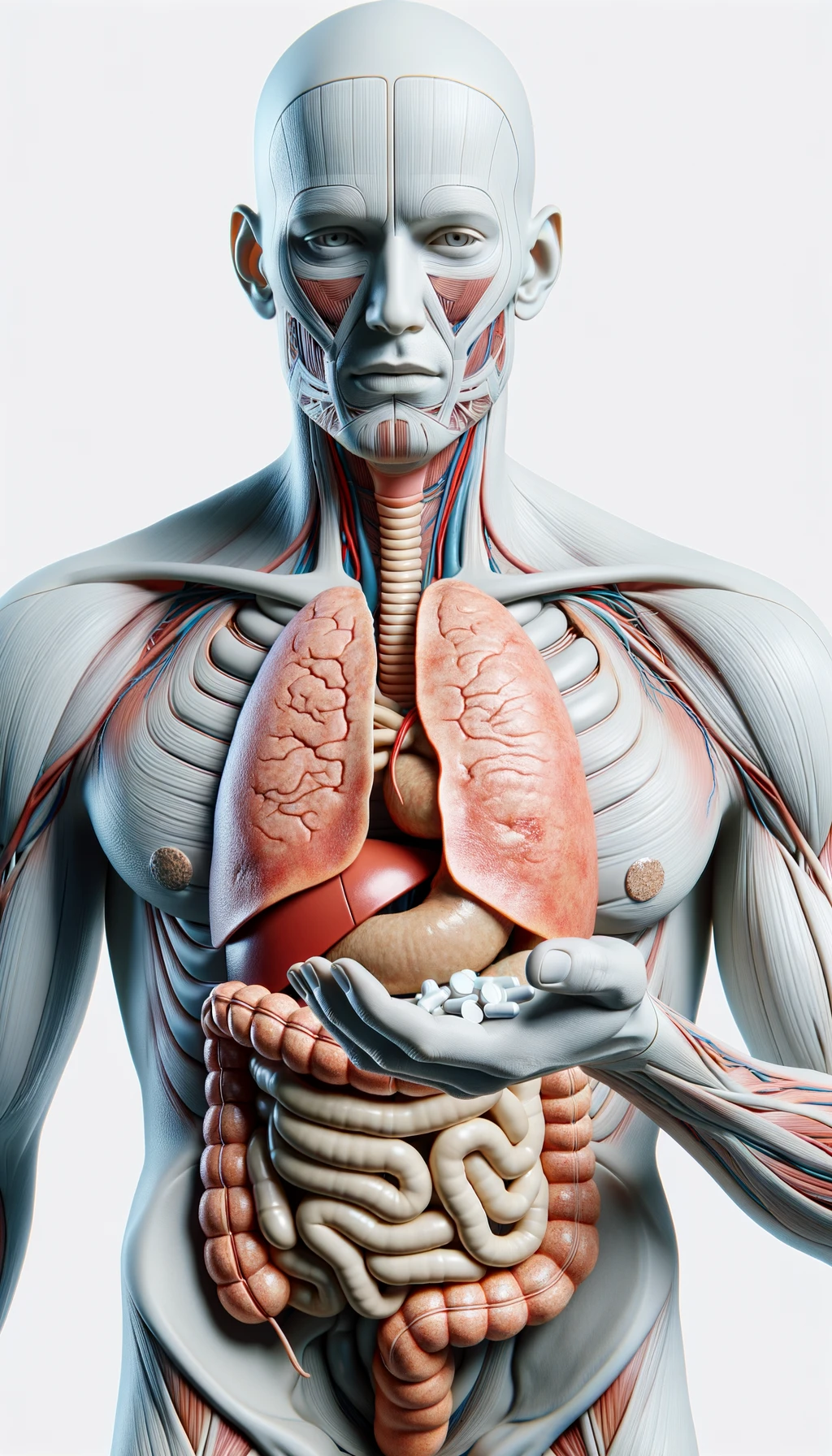 corpo umano anatomico con intestino in evidenza che prende pillole con espressione neutra in volto, iperrealistico 4k, isolato su sfondo bianco emoji