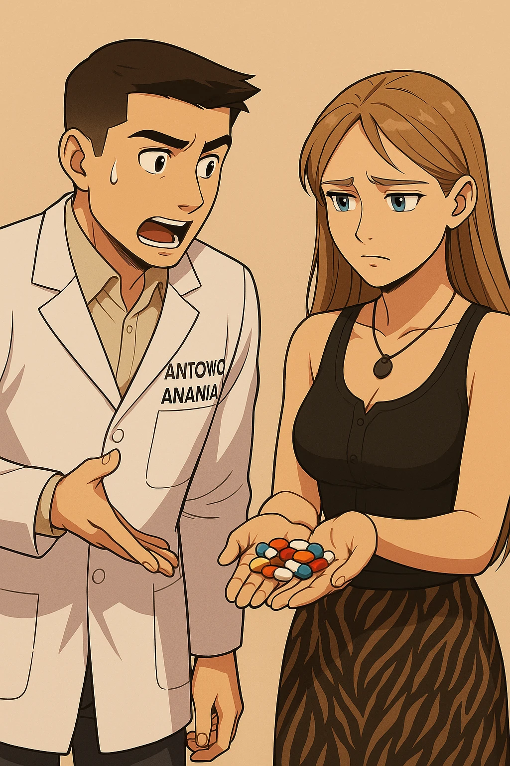 fai un webtoon/manga a colori con questo kinesiologo in camice bianco (fagli la scritta "ANTONIO ANANIA" SUL CAMICE) CHE PARLA CON QUESTA RAGAZZA CON GLI OCCHI AZZURRI. la ragazza gli fa una domanda e IL KINESIOLOGO CON IL CAMICE BIANCO LE risponde. NON FARE I FUMETTI, FAI SOLO LORO COME SE DIALOGASSERO emoji