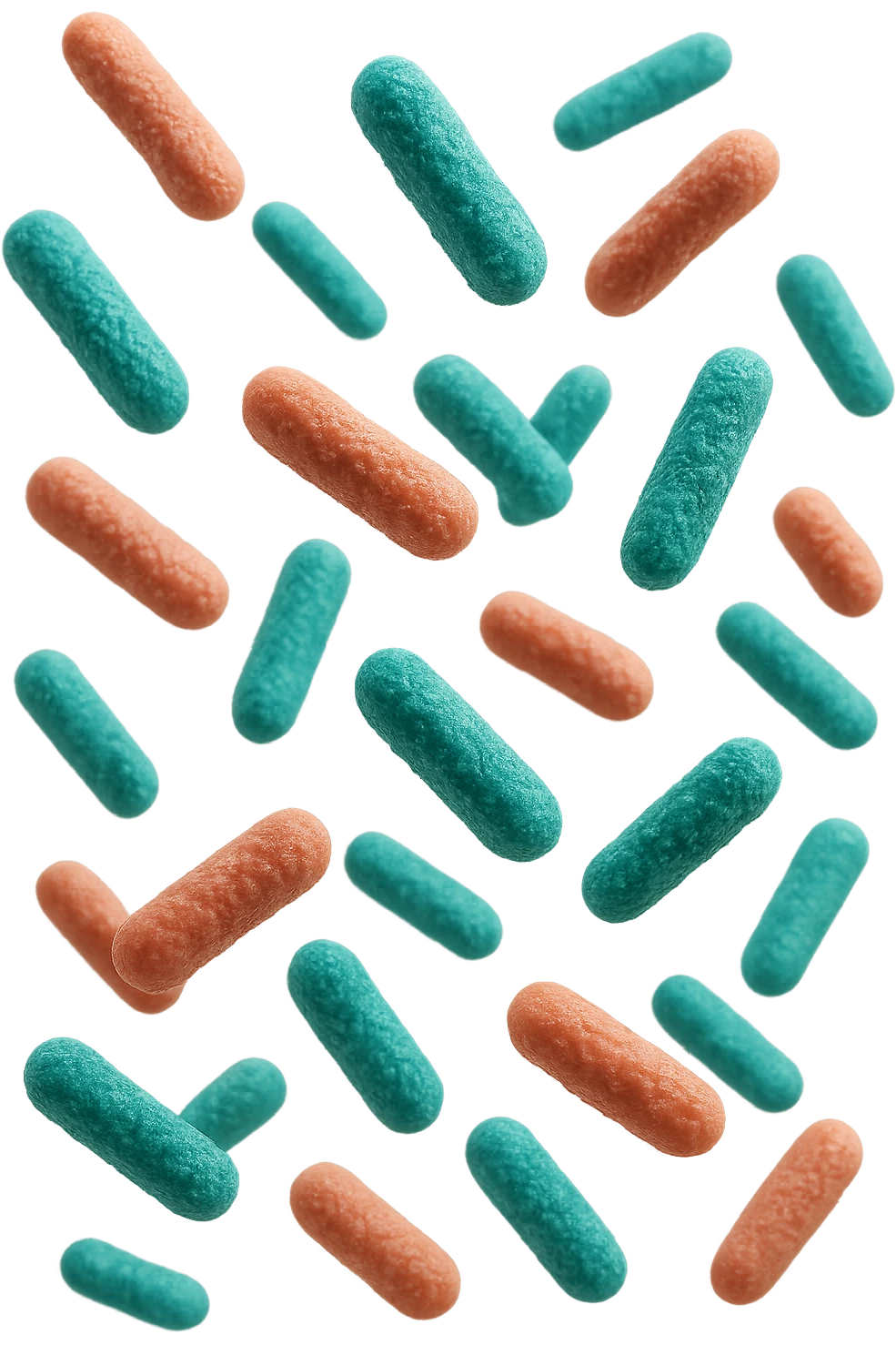 batteri intestinali rosa salmone e turchesi fluttuano in aria, iperrealistici 4k emoji