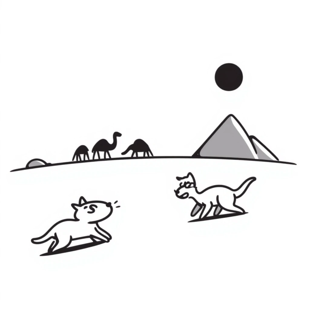 A white cat chasing a T-Rex in the desert with a herd of camels staring at them emoji