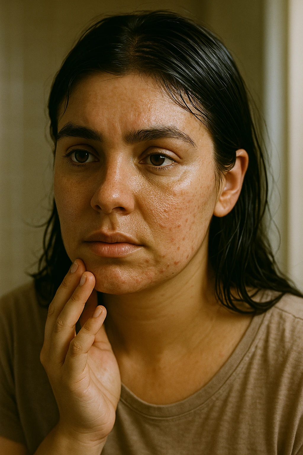 A highly realistic, cinematic close-up portrait of a young woman in her late 20s with medium skin tone, showing visible oily skin and enlarged pores on her cheeks, nose, and forehead. Her skin has a noticeable shiny appearance due to excessive sebum production, and small acne spots are visible along her jawline and chin, indicating hormonal imbalance. Her dark hair appears greasy, clumping in some areas near her scalp, emphasizing unwashed, oily hair due to overactive sebaceous glands caused by PCOS. The woman looks at herself in the mirror with a tired yet hopeful expression, gently touching her cheek with her fingertips as she observes her skin condition. The setting is a softly lit bathroom with natural daylight, and the reflection shows the detail of her skin texture and greasy hair strands. Style: 35mm hyperrealistic film, warm neutral tones with soft depth of field, focusing on the oily skin texture, visible pores, and greasy hair to clearly illustrate the visual symptoms of PCOS. in italiano emoji