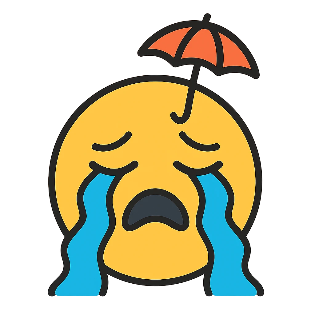 crying emoji with dramatic, over-the-top tears and a tiny umbrella, colorful outline style emoji
