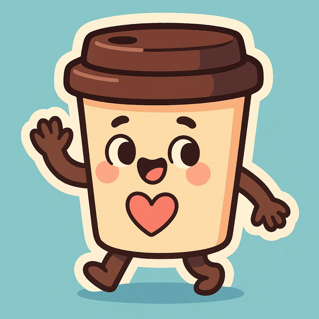takeaway coffee cup with heart on cup, pastel colors, thick outline, graphic shadows and highlights, white border, cute cartoon style, variant 3 emoji