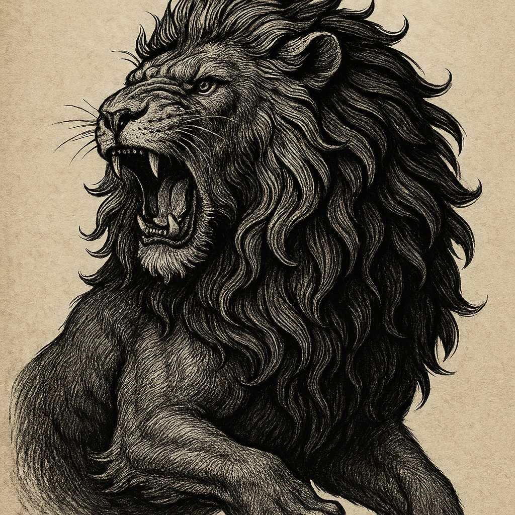 detailed illustrative style black lion head with half of its body, roaring emoji