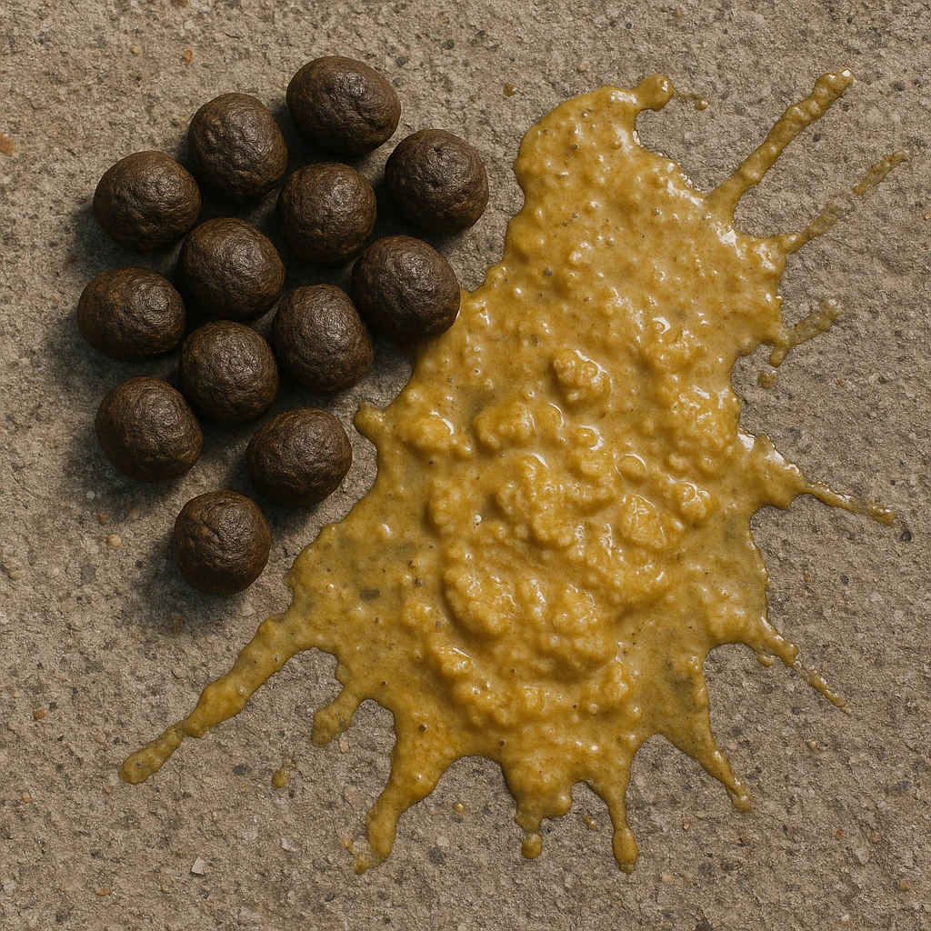 feci di animale a palline viste dall'alto e feci di animale liquide e gialline viste dall'alto, iperrealistico 4k emoji