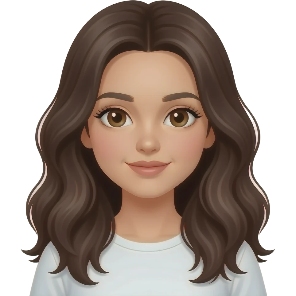 A girl with long, wavy, dark brown hair, brown eyes, fair to medium skin, long eyelashes emoji