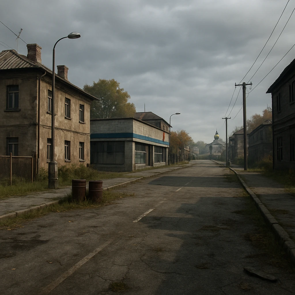 a view of the city street in a videogame: DayZ - in the town of berezino [no text contained in the image] emoji