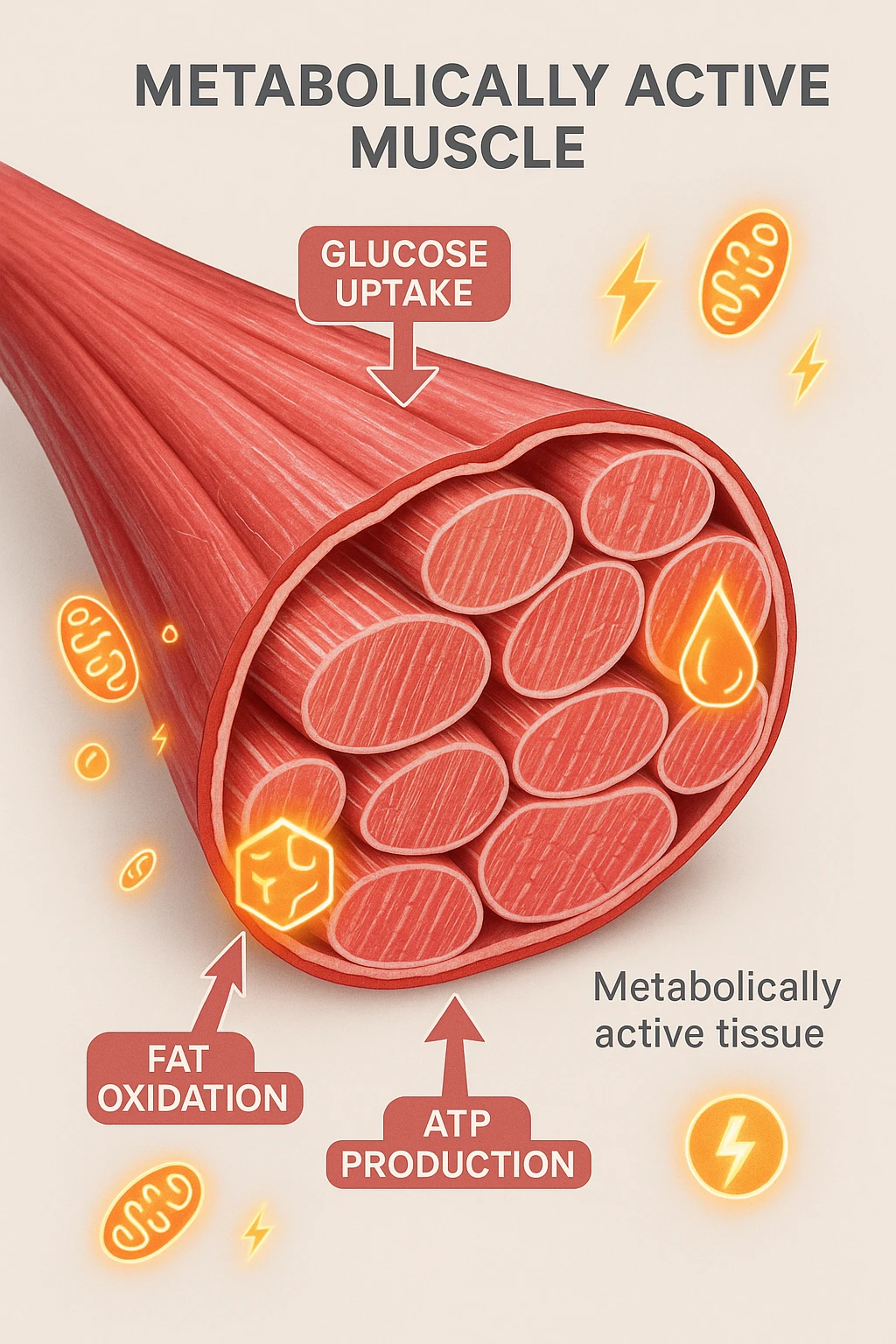 a highly detailed cross-section of human skeletal muscle fibers, shown in vibrant red and pink tones, with visible striations and realistic texture. Glowing arrows and animated icons represent active metabolic processes—such as glucose uptake, fat oxidation, and ATP production—occurring within the muscle tissue. Surrounding the muscle, floating symbols for mitochondria and energy highlight its metabolic activity. The background is clean and clinical, with subtle labels and infographics explaining that muscle is a metabolically active tissue. The overall style is modern, scientific, and visually engaging, suitable for educational or medical use. in italiano emoji