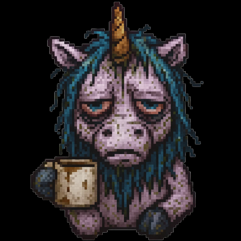 Add a dirty coffee cup in the unicorn's hoof, keep the pixel art style, unicorn remains disgusting and rumpled with bags under his eyes and a drooping horn. The style should be pixel art. emoji