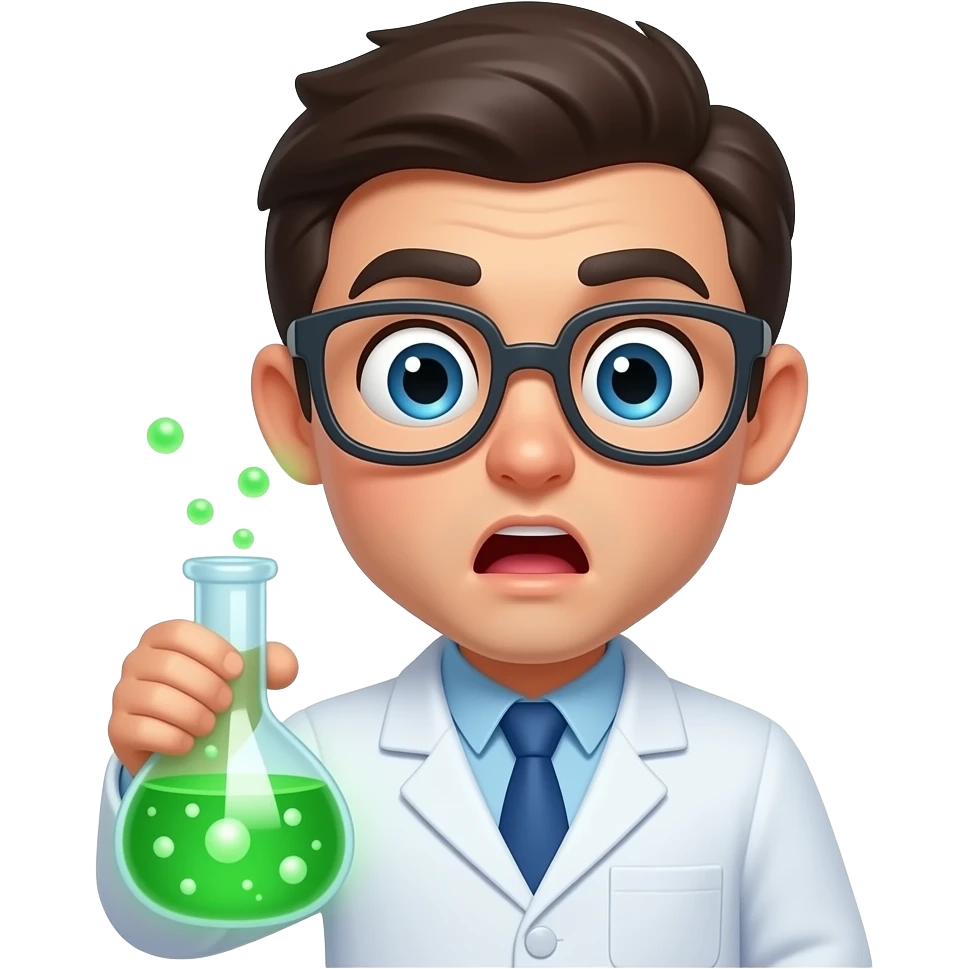 surprised scientist emoji, wide eyes, raised eyebrows, holding a glowing green chemical flask, lab coat, expressive face, cartoon style, clean emoji design, simple shapes, soft shading, centered composition, transparent background emoji