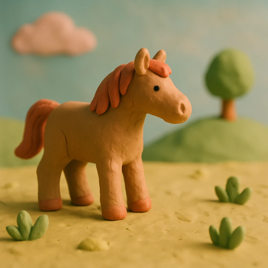 horse standing in a field, pastel colors, visible fingerprints, playful and textured, claymation style emoji