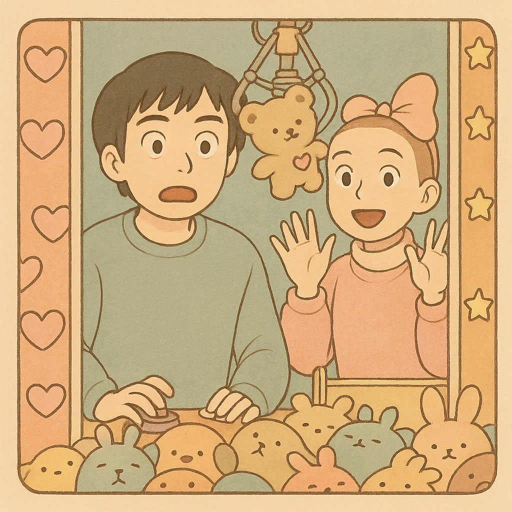 Mike and Eleven from Stranger Things inside a claw machine filled with plush toys, in delicate Ghibli style with thick dark outlines, colored in pastel tones as per the reference examples. Variation 2: Mike with a surprised expression, Eleven smiling. emoji