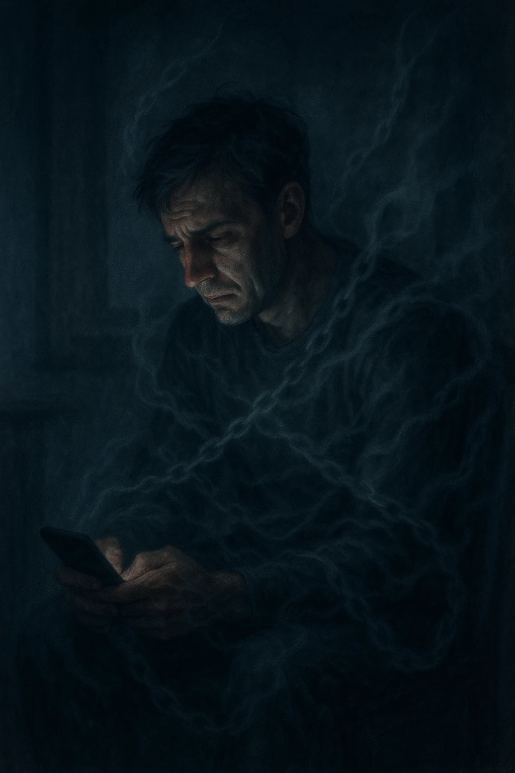 a man sits alone in a dimly lit room at night, illuminated only by the glow of a computer or phone screen. His posture is slouched, and his expression is tired and troubled. Around him, faint, ghostly chains or shadows subtly wrap around his body, symbolizing addiction and emotional distress. The background is blurred, emphasizing isolation and discomfort. in italiano emoji