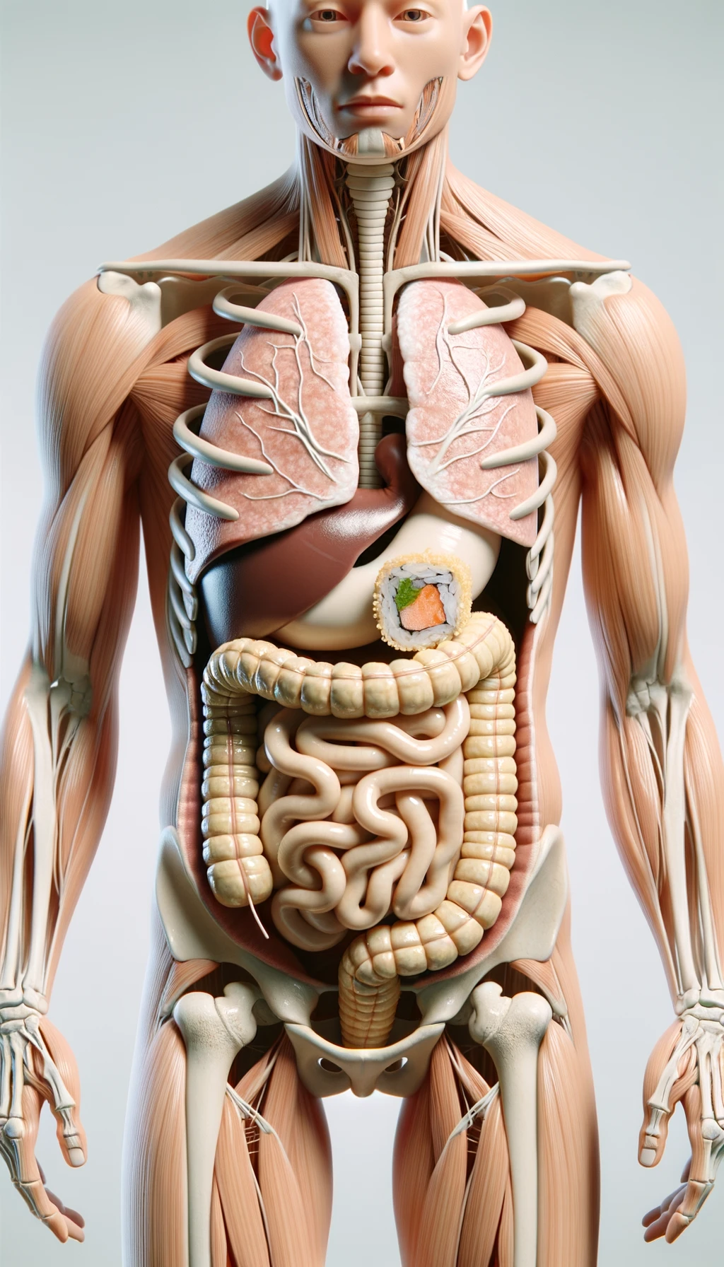 CORPO UMANO ANATOMICO Che mangia sushi crudo, vermi lunghi e beige chiaro nell'intestino a causa del sushi crudo, SFONDO CHIARO, iperrealistico 4k emoji