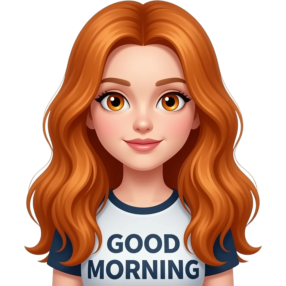 sexy girl with overlong ginger hair and ginger eyes a top with GOOD MORNING written on it emoji