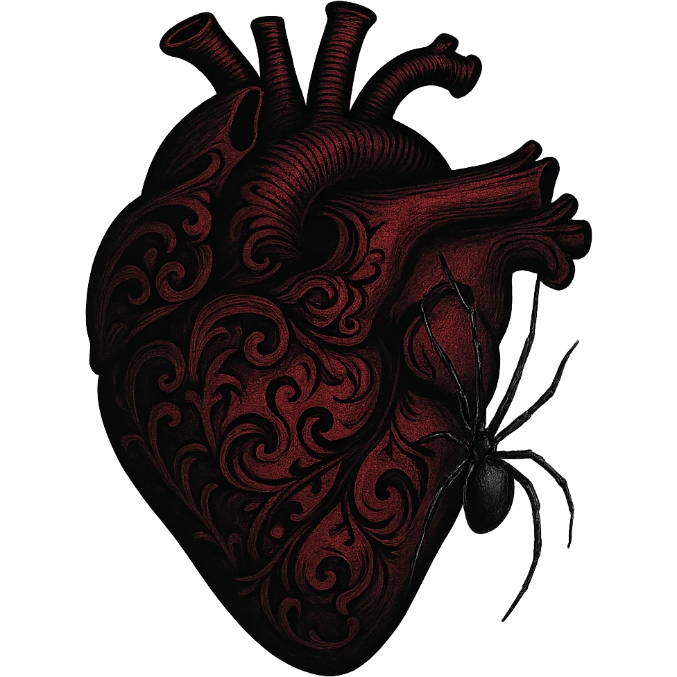 gothic style heart in black and deep red with a spider crawling on it emoji
