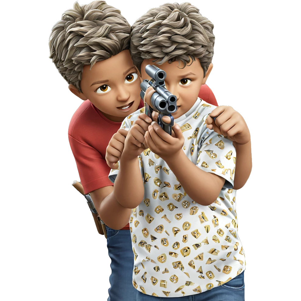two boys aiming weapons outdoors emoji
