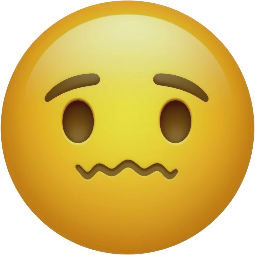 Yellow circle with no nose and eyebrows having a wavy mouth frowning looking confused emoji