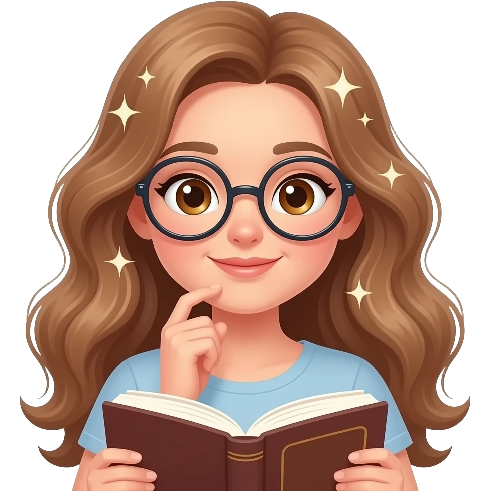 detailed emoji illustration of a curvy woman with long light brown wavy hair, light brown eyes and round glasses reading a book with dreamy thoughts or sparkles around her head, immersive reading vibe, cute emoji style emoji