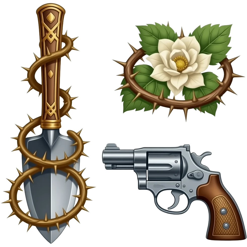 richly ornamented spade surrounded by tendrils of thorns and antique 1851 Navy Revolver and Rickenbacker Motorhead MODEL 4003SW emoji