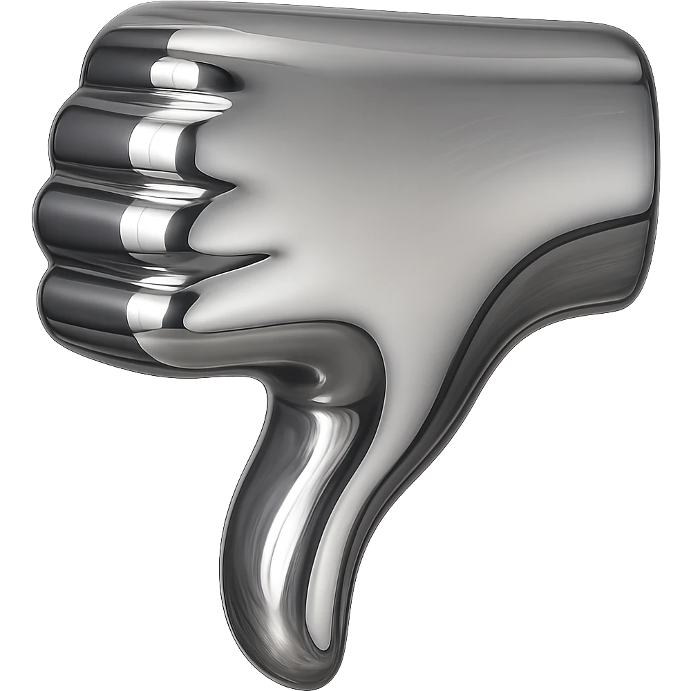 Make the thumb even shorter on the 3D chrome thumbs down, keep the same 3D chrome style, no background. emoji