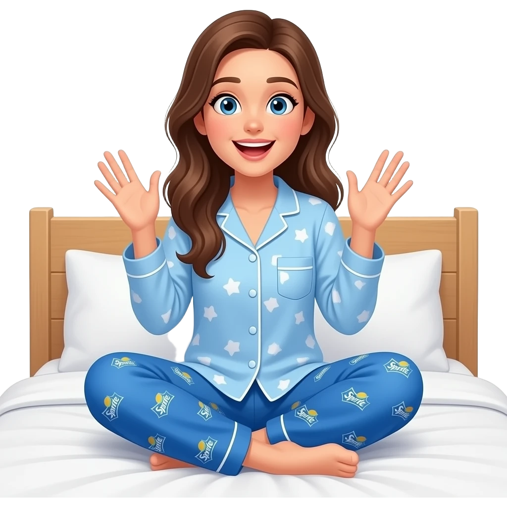 침대에 앉아서 특별한 생각이 유레카하며 번쩍 떠오른 느낌의 파랑 스프라이트 스타일의 바지는 귀여운 잠옷바지를 입고 있는 예쁜 20대 여성 이모지 emoji