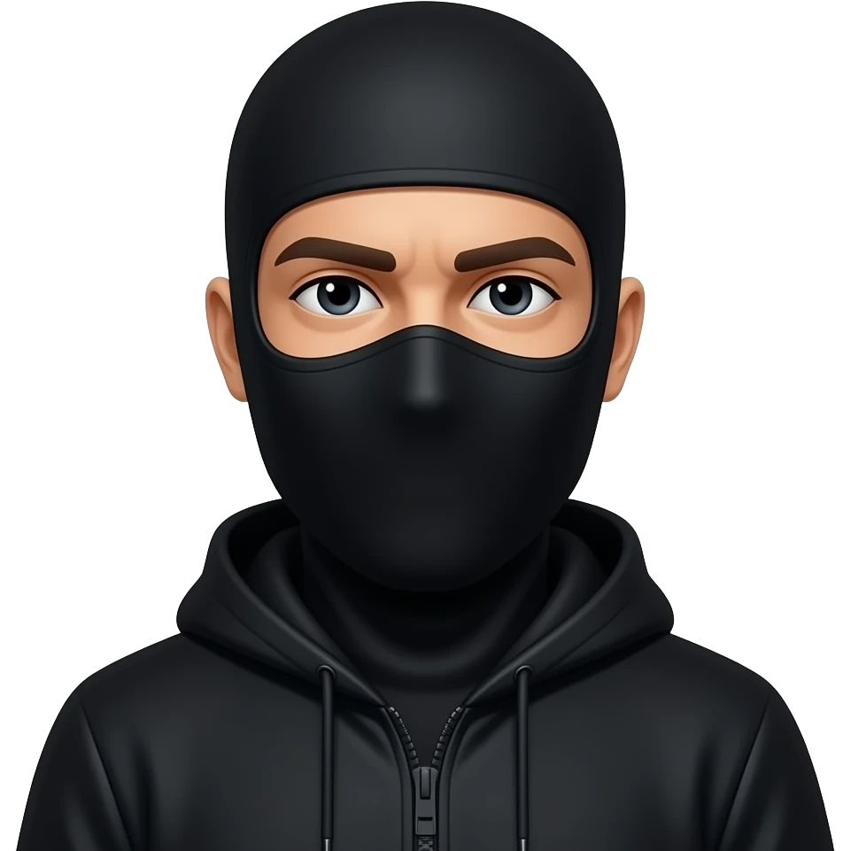man with black clothes with black balaclava and face colored black emoji