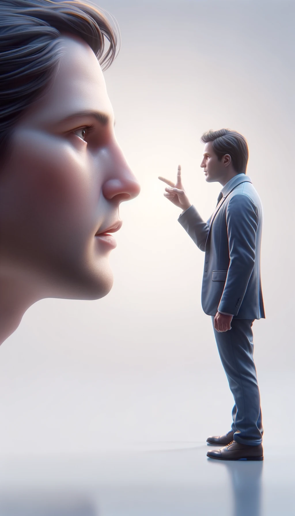 una persona parla e un altra persona di spalle lo ascolta, il significato dell'immagine è che dalle parole si capisce il valore della persona, immagine iperrealistica 4k, sfondo chiaro emoji