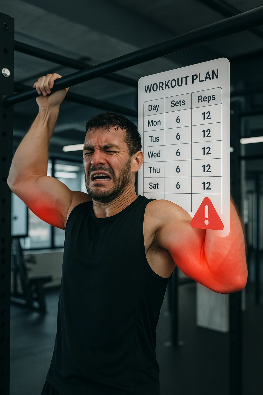 a man in gym attire performs pull-ups on a bar, with his elbows highlighted in bright red to indicate inflammation. A digital overlay shows a weekly training log with high numbers of sets and reps, and a warning icon appears next to the log. The man’s face shows pain and fatigue. The background is a modern gym, emphasizing the link between excessive training volume and injury. scritto in italiano emoji