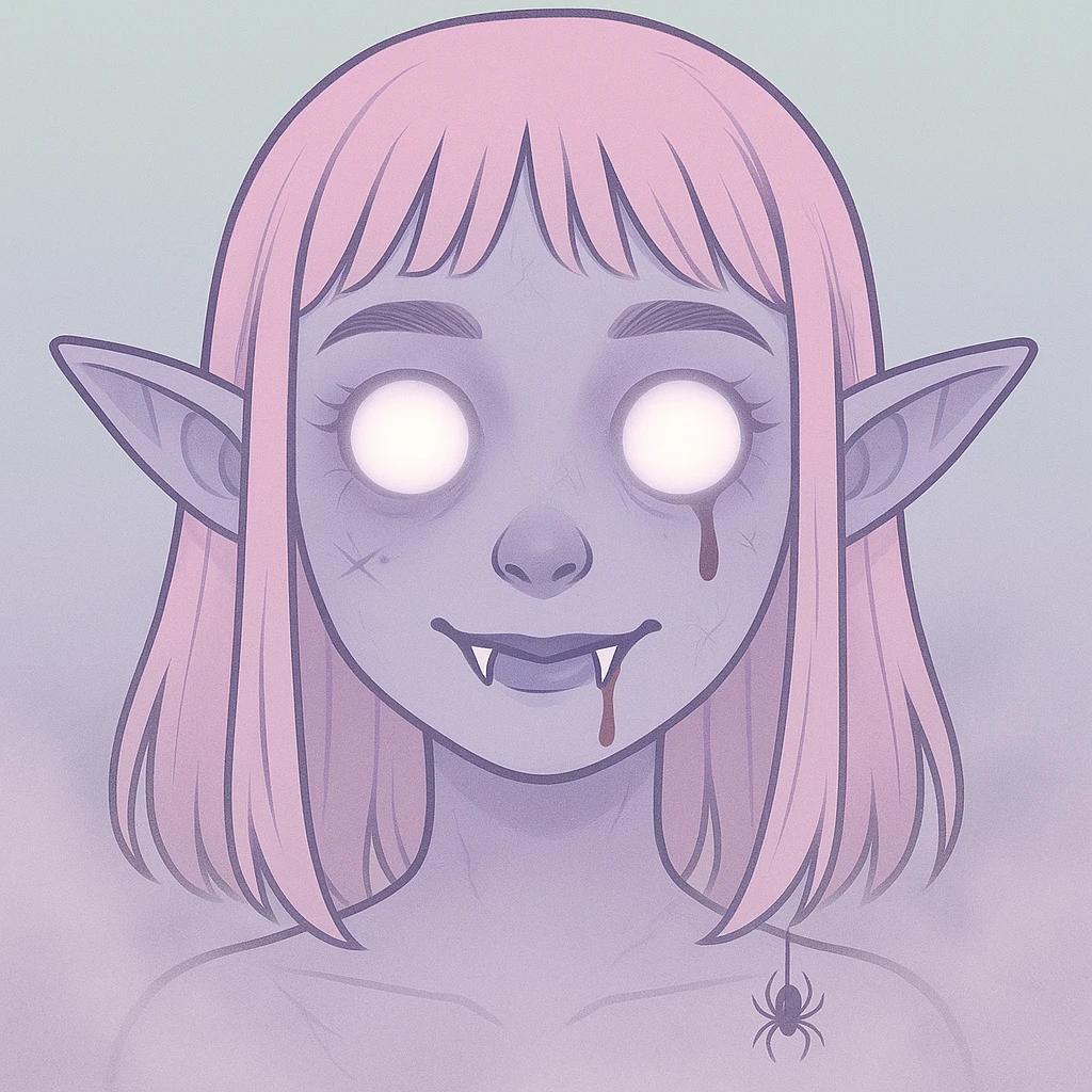 Add more horror details to this pastel horror profile picture, keep it cute, expressive, and minimal, in the style of imagen-4-fast (soft pastel colors, subtle horror elements, minimalistic and cute expression) emoji
