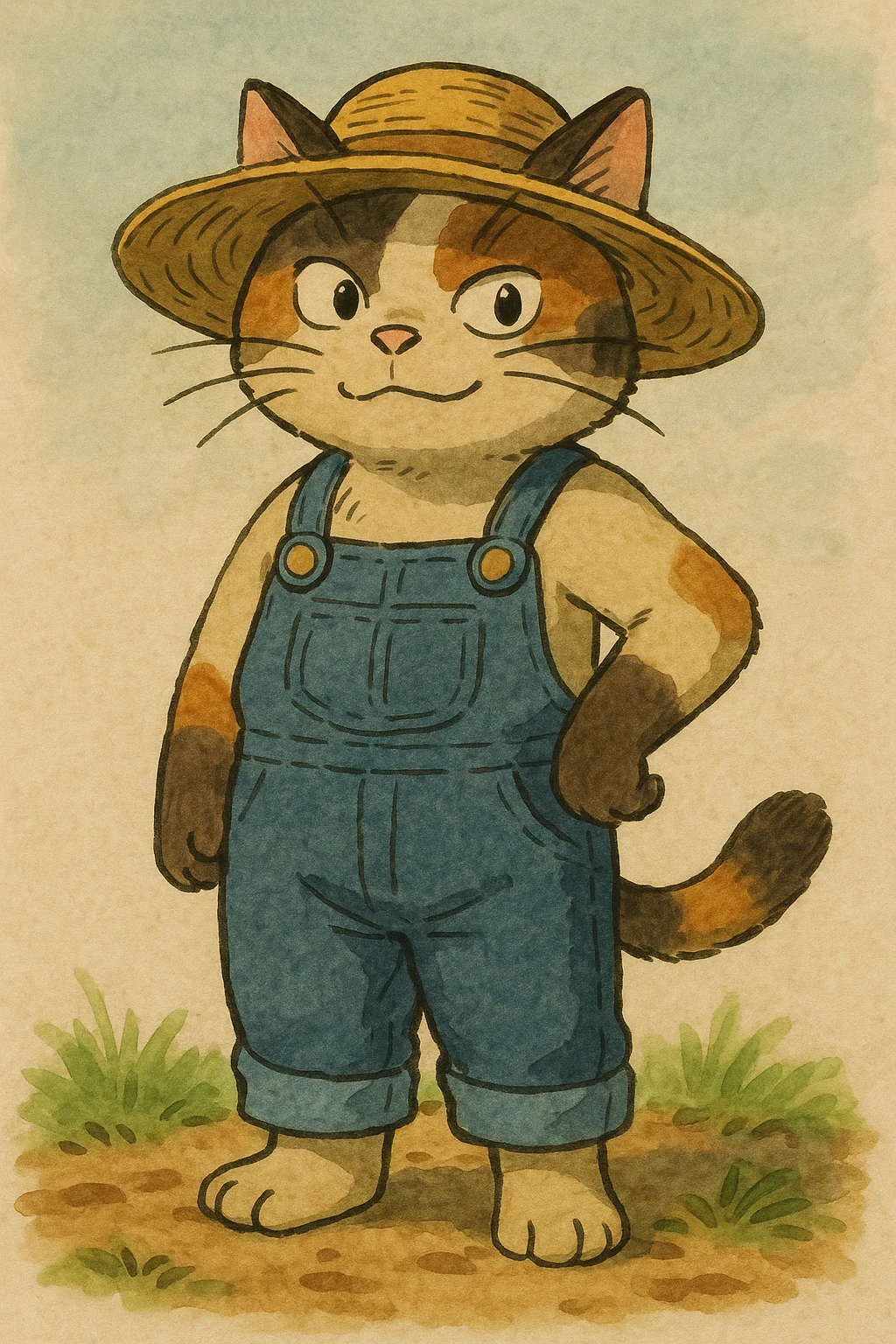 expressive illustration of a standing farm cat wearing a straw hat and overalls, simple background emoji
