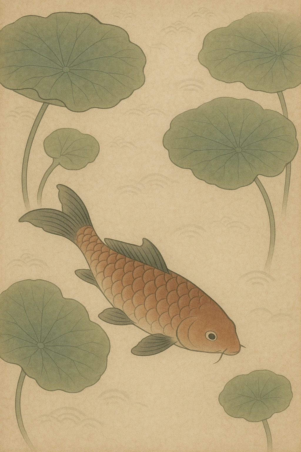 A koi fish swimming among lotus leaves, nihonga style, flowing lines, harmonious color palette, classic Japanese art. emoji