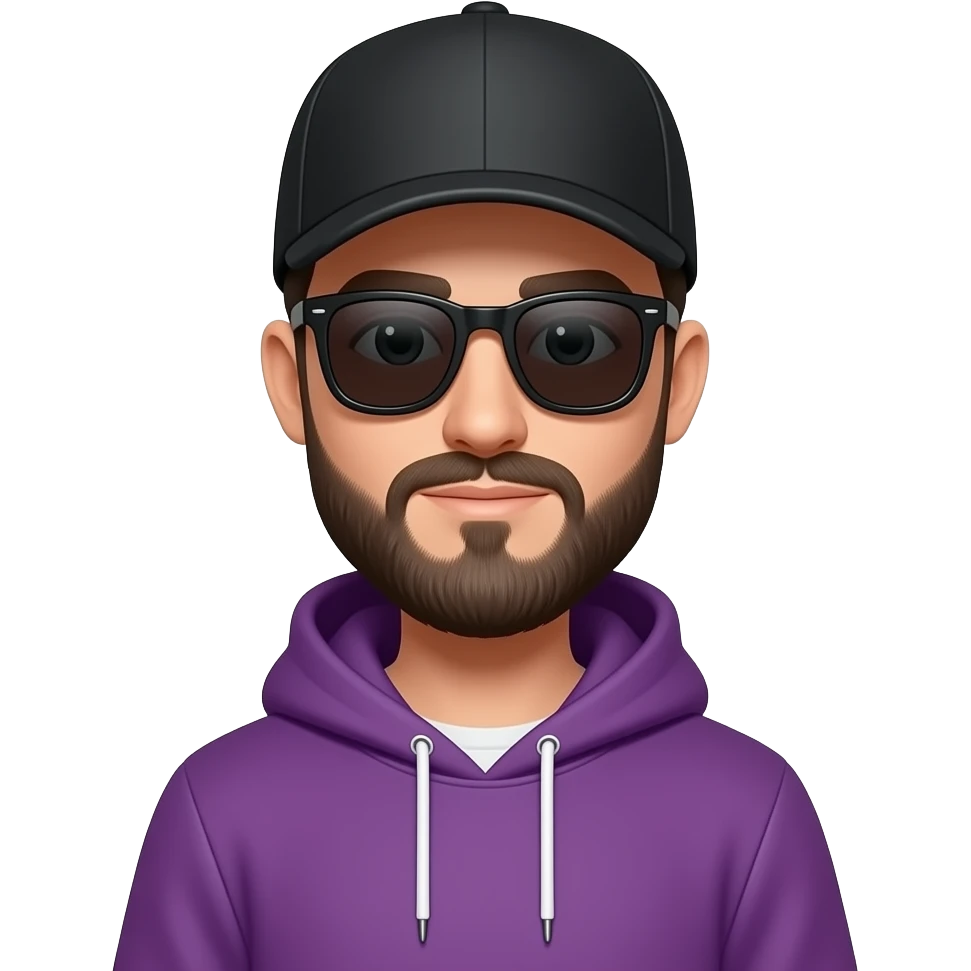 tall skinny guy with black basecap, circle-beard, purple hoodie, sunglasses emoji