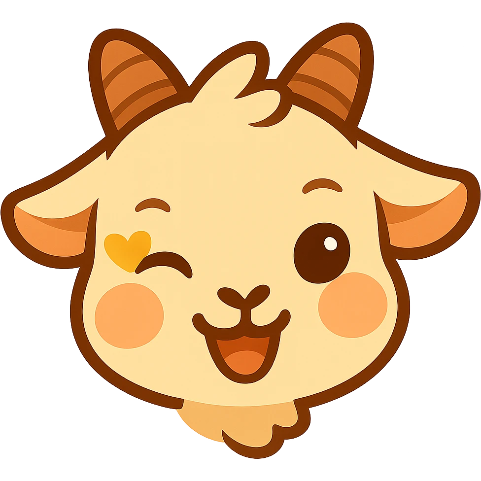 Chibi goat head only, cheeky wink with a little yellow heart, slight blush, keep the simple clean chibi stickers style, white background, designed for a small emote. emoji