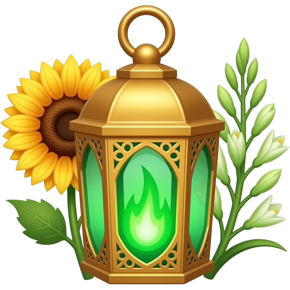 A golden hanging lantern with a bright emerald green flames, an empty loop on top, fae filigree themed sunflowers on the left and asphodels on the right as part of the design, but simple focus more on the green flames, paint the glass more green emoji