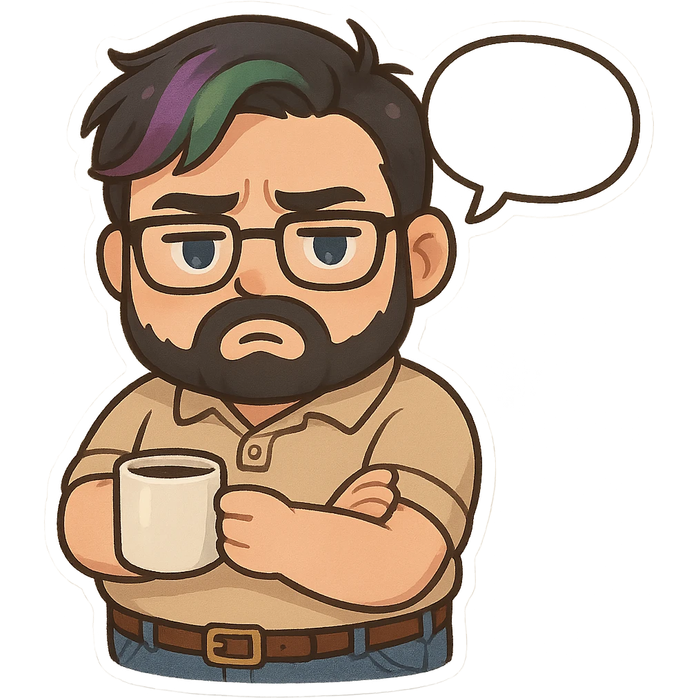 A realism art illustration art style of handsome plus-size man with black hair and a purple to green ombre streak, black beard, blue eye, glasses, dressed like a dad, holding a coffee mug, blank speech bubble, frowning  emoji