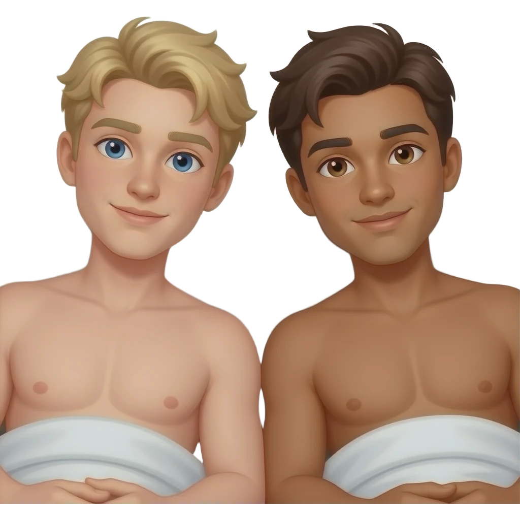 Make a young gay couple on a Date , one has light Skin with Blond Hair and Blue Eyes, the other one has slightly brown skin witz dark Brown Hair and Brown Eyes. They are laying shirtless on a couch. emoji
