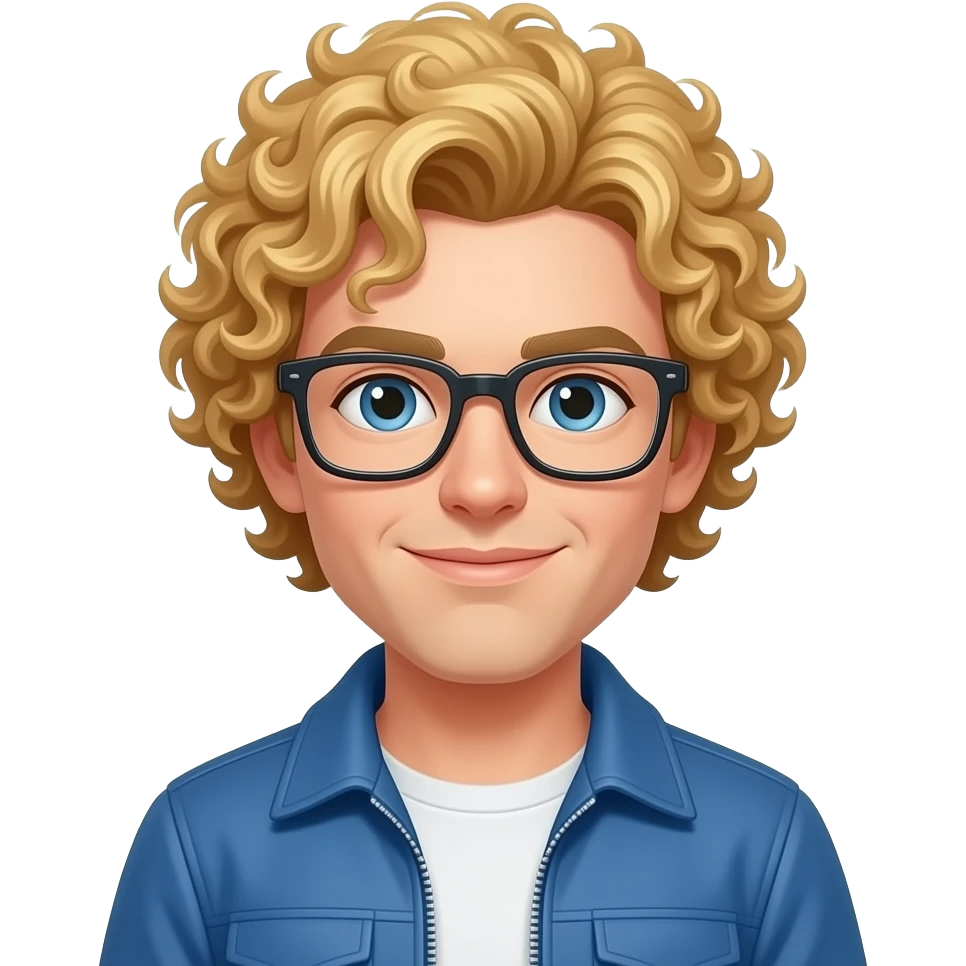A character with curly blonde hair, wearing a blue jacket, no glasses. emoji