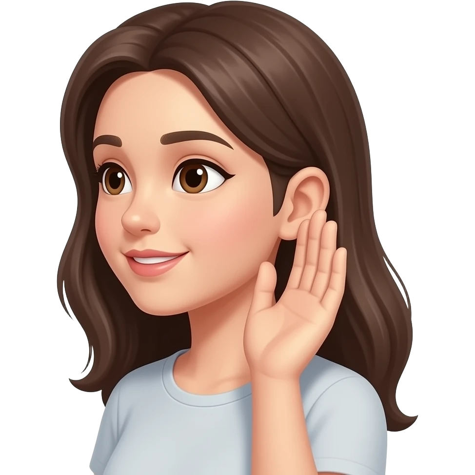 girl listening, half side view, her hand placed next to her ear (not covering it), palm slightly cupped and facing the ear as if to hear better emoji