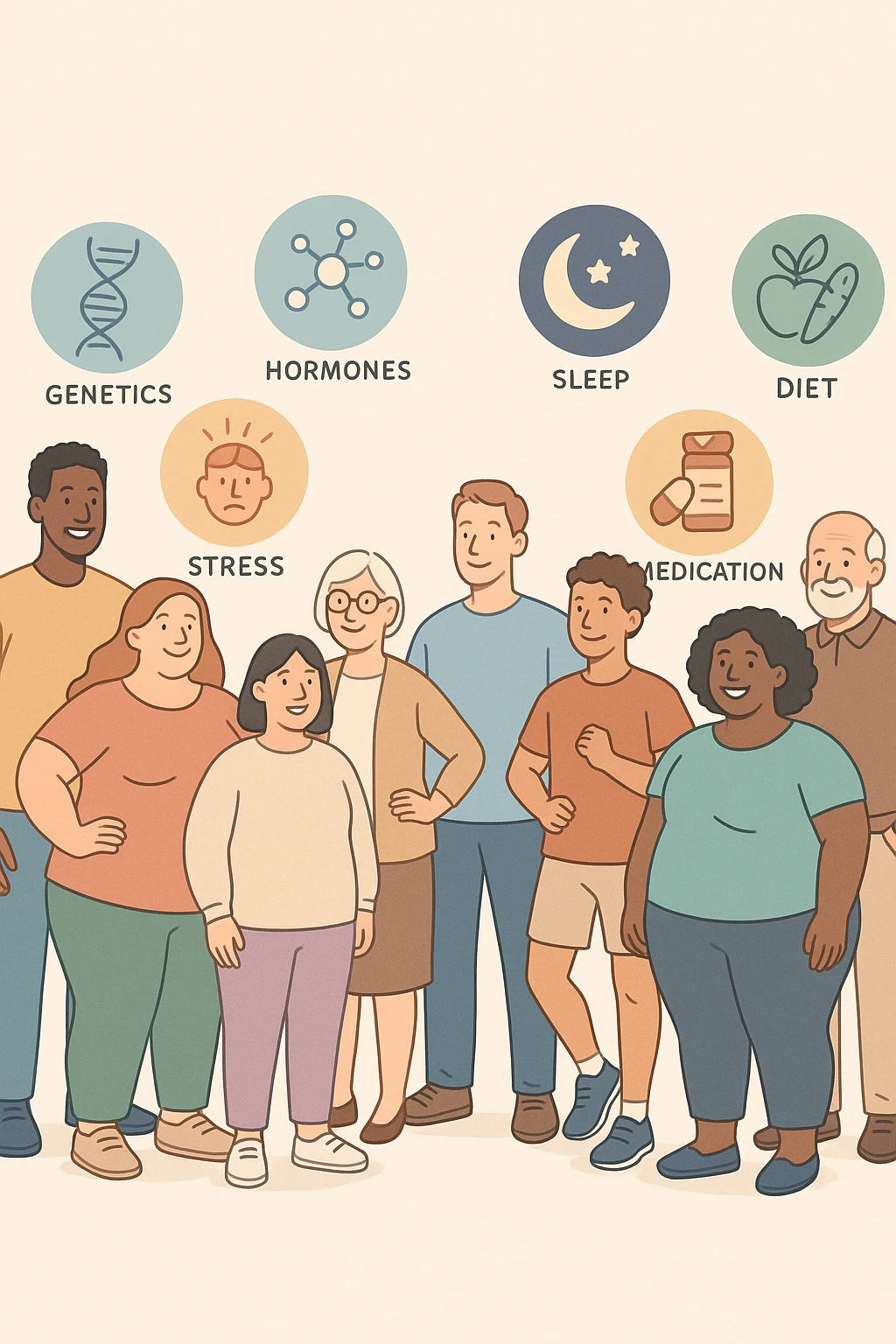 a diverse group of people of different body shapes, sizes, ages, and backgrounds stand together, each surrounded by floating icons representing factors like genetics, hormones, stress, sleep, physical activity, diet, medication, and environment. The mood is inclusive and informative, emphasizing that weight is influenced by many interconnected elements. emoji