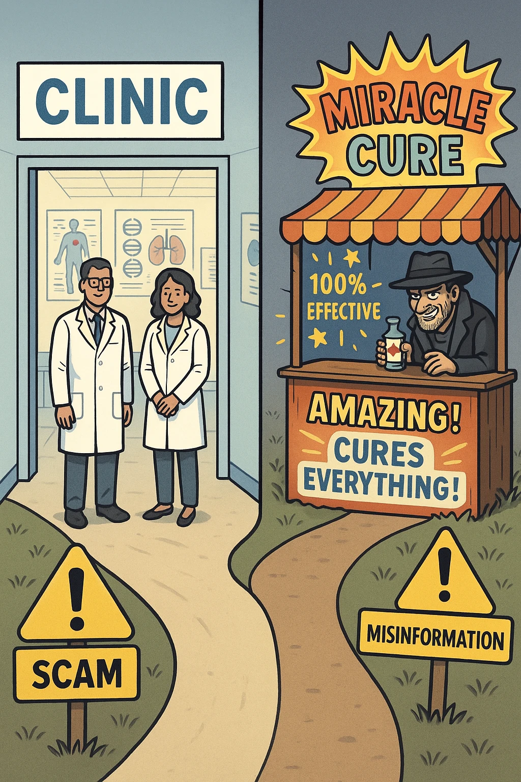 two paths diverge—one leads to a trustworthy clinic with doctors and scientific posters, the other to a shady stand selling “miracle” medicines with exaggerated claims. Signs along the second path warn of scams and misinformation. The scene encourages viewers to choose reliable, science-based healthcare. emoji