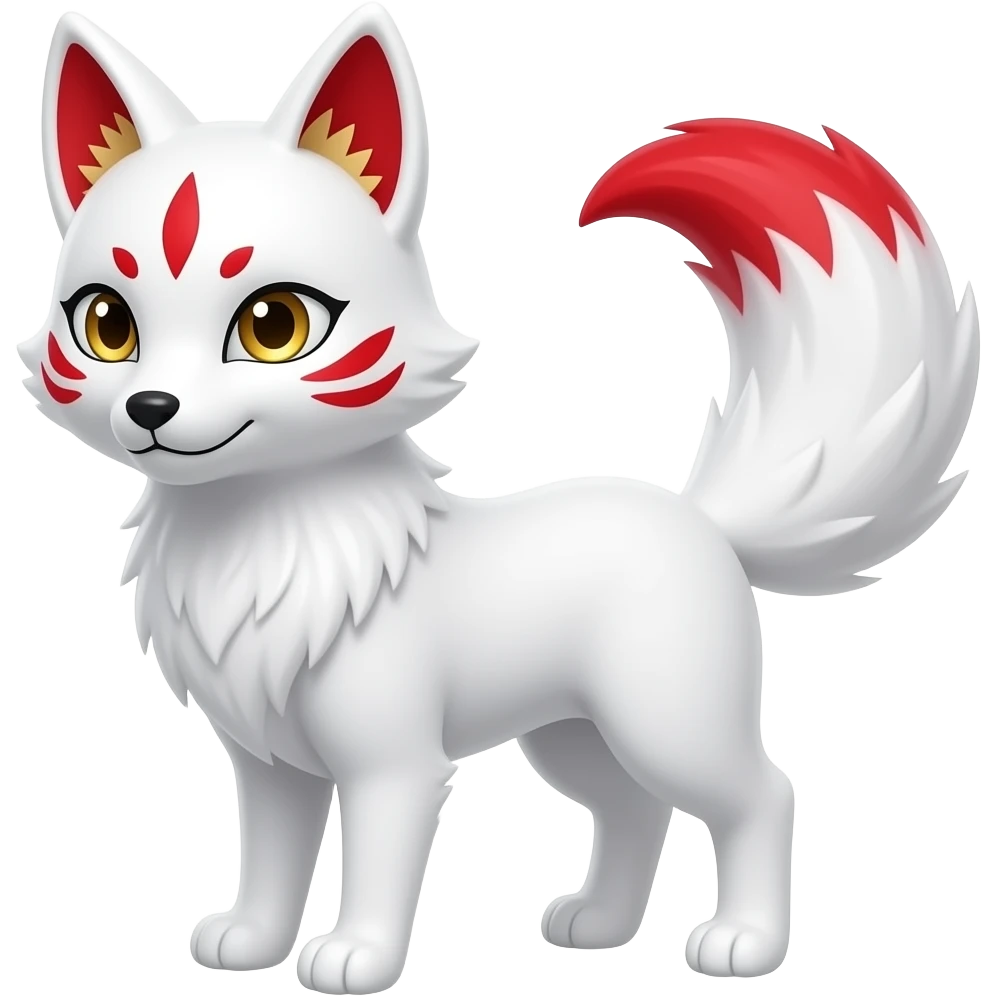 A pure white one-tailed kitsune (fox form,) with red accents, (two on each cheek, and a single one of its forehead,) red on the insides of its ears, (with gold markings inside of its ears,) pale golden eyes, pure white paws and a red tail tip. emoji