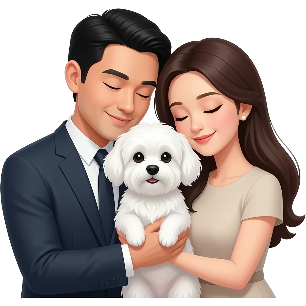 A sophisticated Asian man and woman with faint smiles, embracing a petite white Maltese; the couple is leaning their heads toward the canine in a serene, balanced composition. emoji